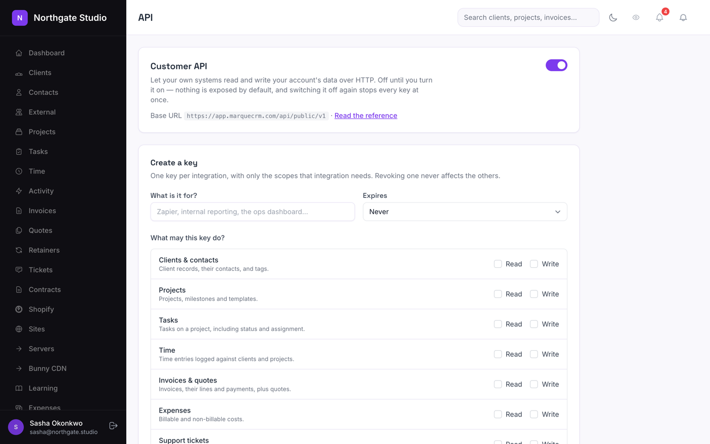 The API settings screen in Marque: a switch to turn the customer API on, and a form for creating a key with read and write scopes per resource.