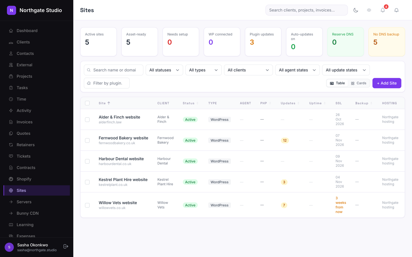 Site monitoring in Marque: each client website with uptime status, SSL expiry and pending WordPress plugin updates.