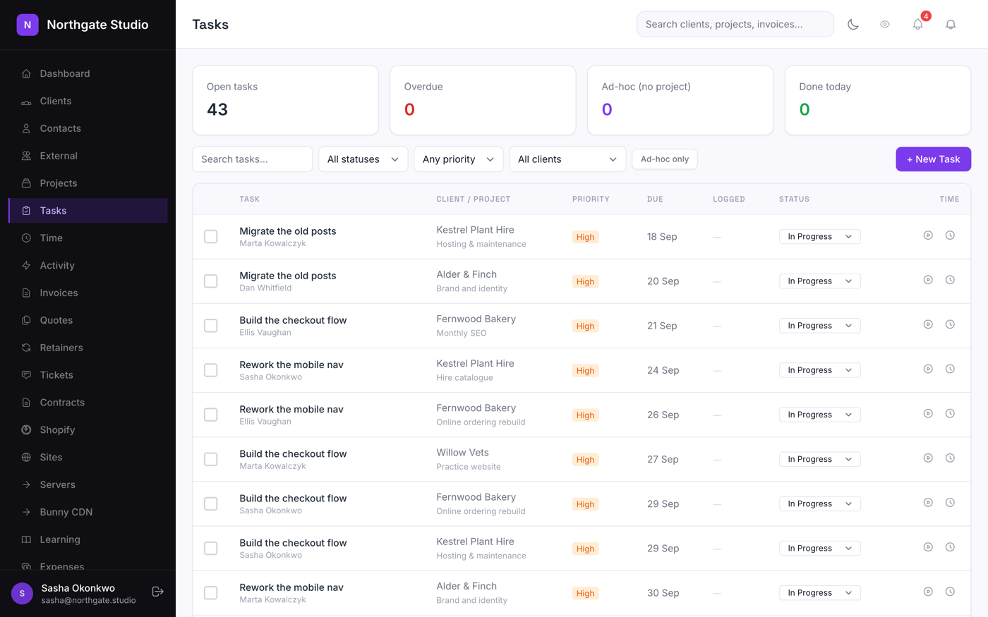 The task list in Marque showing status, priority, assignee and due date.
