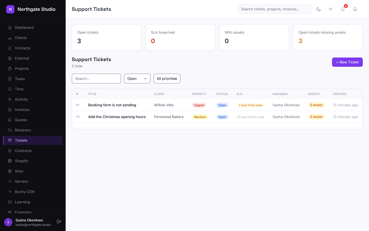 The support ticket queue in Marque with priority, client, assignee and status.