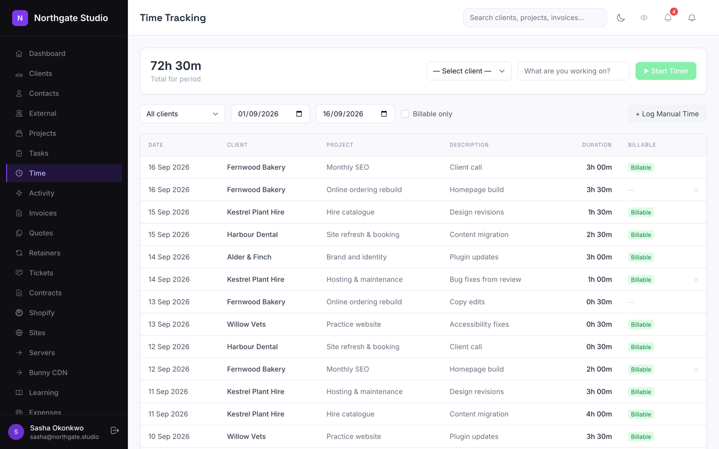 Time tracking in Marque: a running total, a start-timer bar, and a table of entries by date, client, project and whether they are billable.